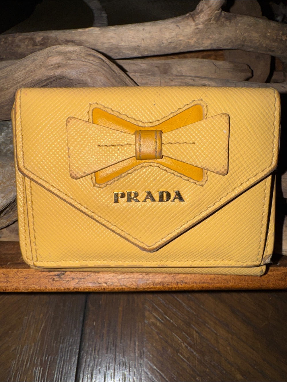 Prada Yellow Saffiano Leather Bow Continental Wallet